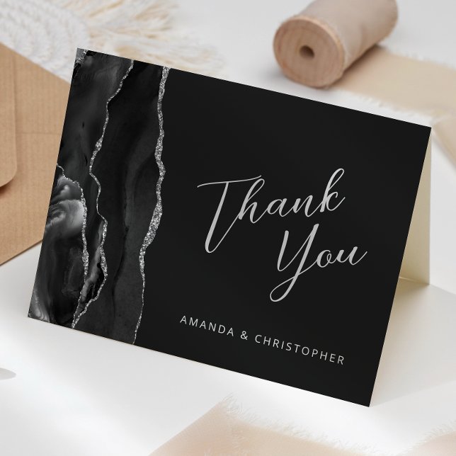 Black Silver Agate Script Dark Wedding Thank You Card (Creator Uploaded)