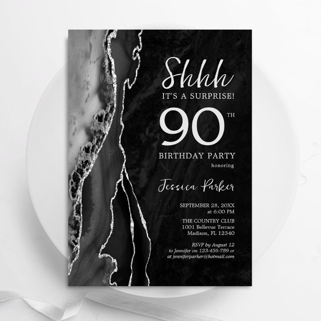 Black Silver Agate Surprise 90th Birthday Invitation (Creator Uploaded)