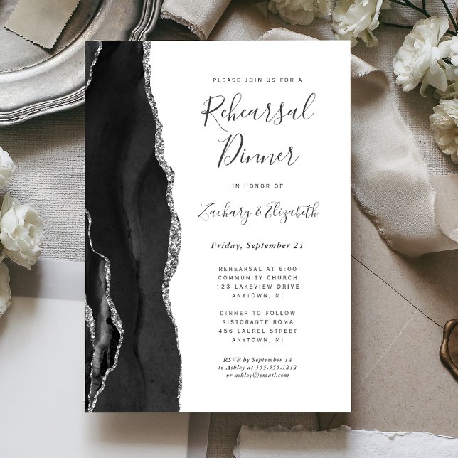  Black Silver Agate Wedding Rehearsal Dinner Invitation (Creator Uploaded)