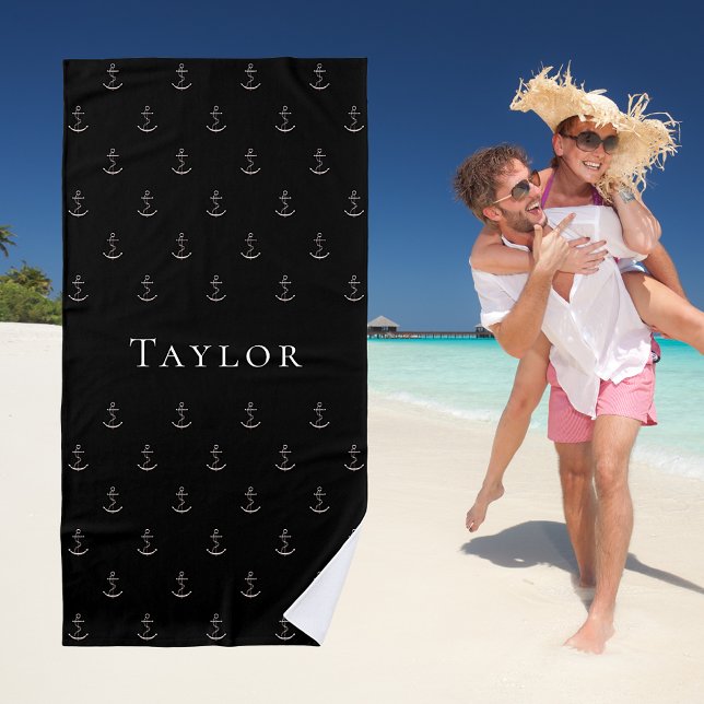 Black silver anchor sea monogram guys beach towel (Creator Uploaded)