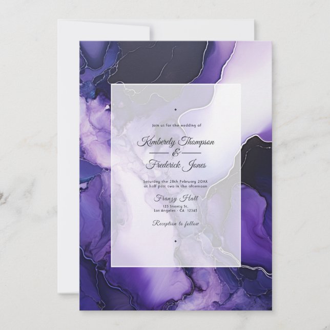 Black, Silver and Dark Purple Alcohol Ink Wedding Invitation (Front)