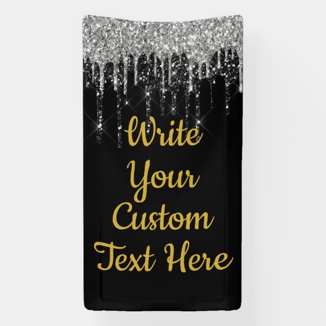 Black Silver and Gold Anniversary Birthday Glitter Banner (Vertical)