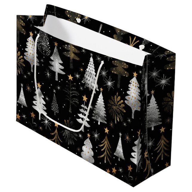 Black, Silver and Gold Christmas Trees Large Gift Bag (Front Angled)