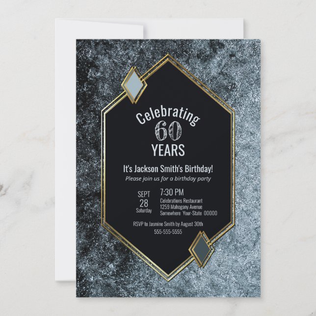 Black Silver and Gold Framed 60th Birthday Party Invitation (Front)