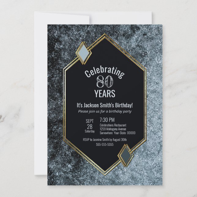 Black Silver and Gold Framed 80th Birthday Party Invitation (Front)