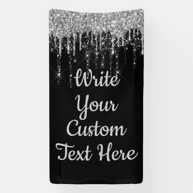 Black Silver Anniversary Backdrop Birthday Glitter Banner (Vertical)