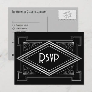 Black & Silver Art Deco Gatsby-Inspired Wedding Postcard
