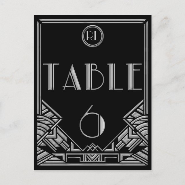 Black Silver Art Deco Gatsby Style Table Number 6 Postcard (Front)