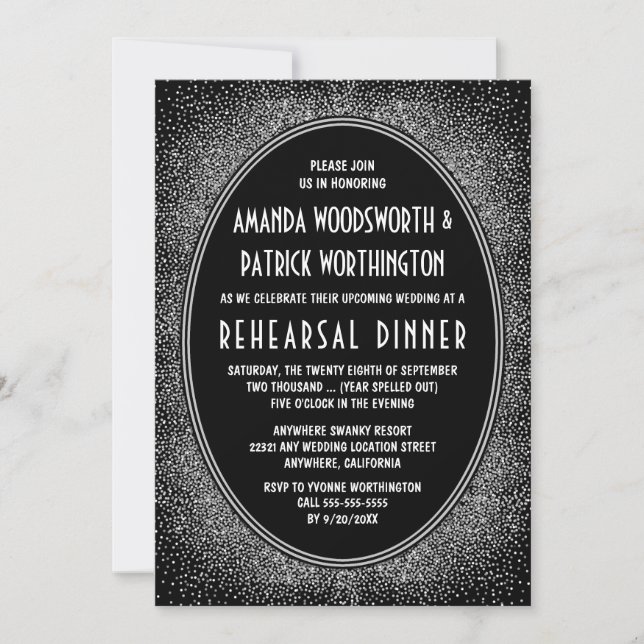 Black Silver Art Deco Rehearsal Dinner Invitations (Front)