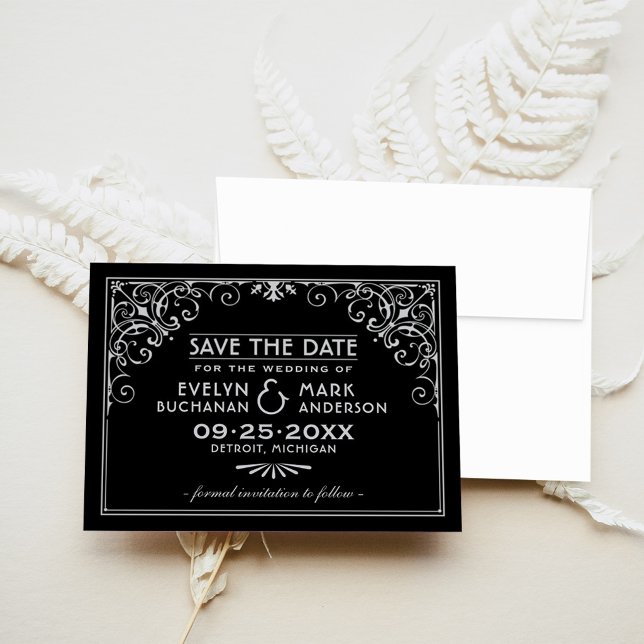 Black Silver Art Deco Scrollwork Wedding Save The Date (Creator Uploaded)