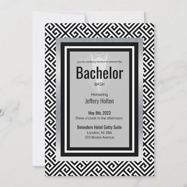 Black, silver bachelor party custom save the date (Front)