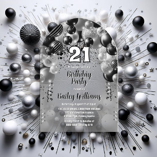 Black Silver Balloons 21st Birthday Party Acrylic Invitations
