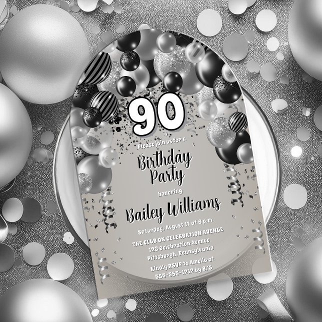 Black Silver Balloons 90th Birthday Party Acrylic Invitations (Black and Silver Tone  Celebration Balloons "90" 90th Birthday Party Acrylic Invitation)