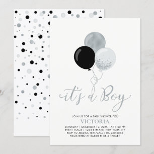 Black & Silver Balloons It's a Boy Baby Shower Invitation