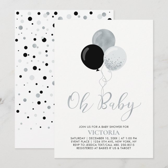 Black & Silver Balloons | Oh Baby Boy Baby Shower Invitation (Front/Back)
