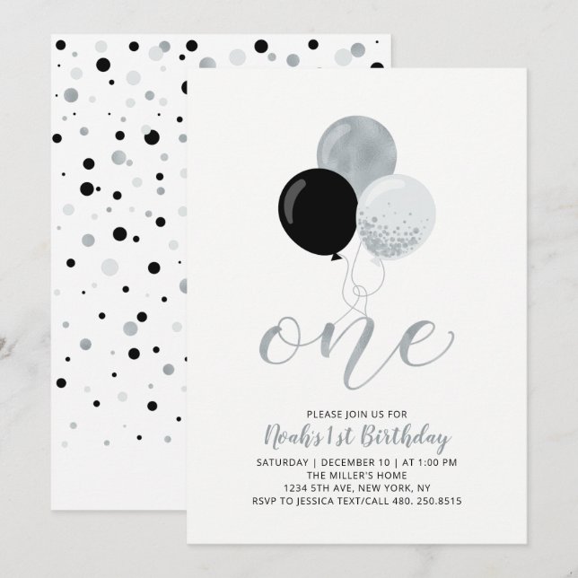 Black & Silver Balloons One 1st Boy Birthday Party Invitation (Front/Back)