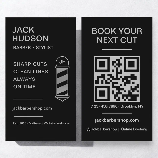 Black Silver Barbershop Barber Haircut QR Code Business Card | Zazzle