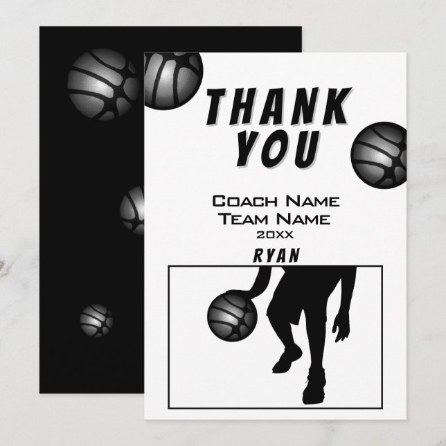 Black Silver Basketball Thank you Coach Card (Front/Back)