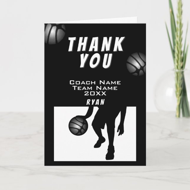 Black Silver Basketball Thank you Coach Card (Front)
