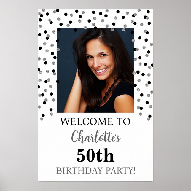 Black Silver Birthday Party Custom 12x18 Photo Poster (Front)