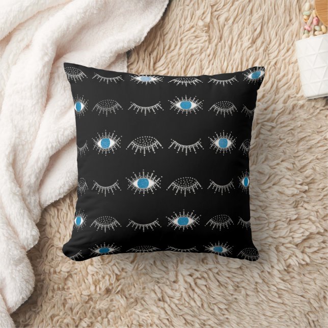 Black & Silver Blue Evil Eye Eyelashes Nazar Mati  Cushion (Blanket)