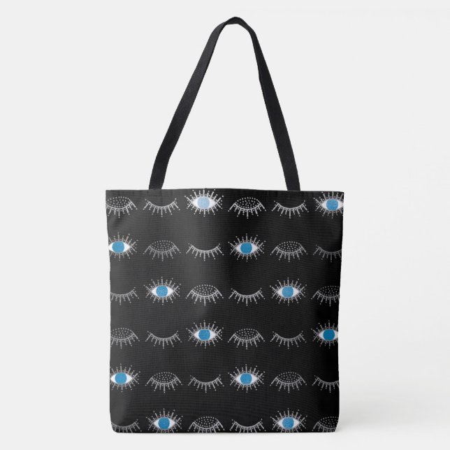 Black & Silver Blue Evil Eye Eyelashes Nazar Mati  Tote Bag (Front)