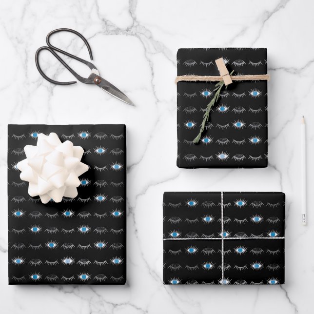 Black & Silver Blue Evil Eye Eyelashes Nazar Mati  Wrapping Paper Sheet (Front)