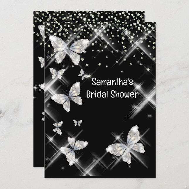 Black silver butterfly sparkle glitter bridal chic invitation (Front/Back)