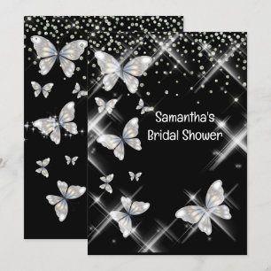 Black silver butterfly sparkle glitter bridal chic invitation