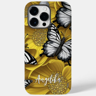 Black Silver Butterfly Yellow Flowers Custom Name Case-Mate iPhone 14 Pro Max Case