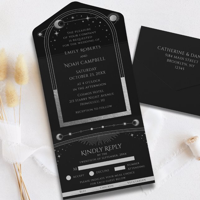 Black Silver Celestial Sun Moon Stars Wedding All In One Invitation (Creator Uploaded)