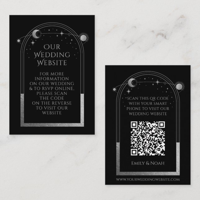  Black Silver Celestial Wedding QR RSVP Enclosure Card (Front/Back)