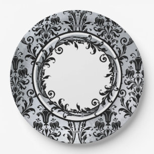 Black Silver Chic Damask Floral Swirls Personalize Paper Plate