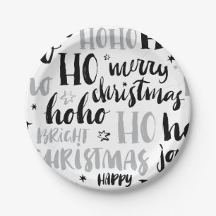 Black & Silver Christmas Word Text Art Cute Aesthe Paper Plate