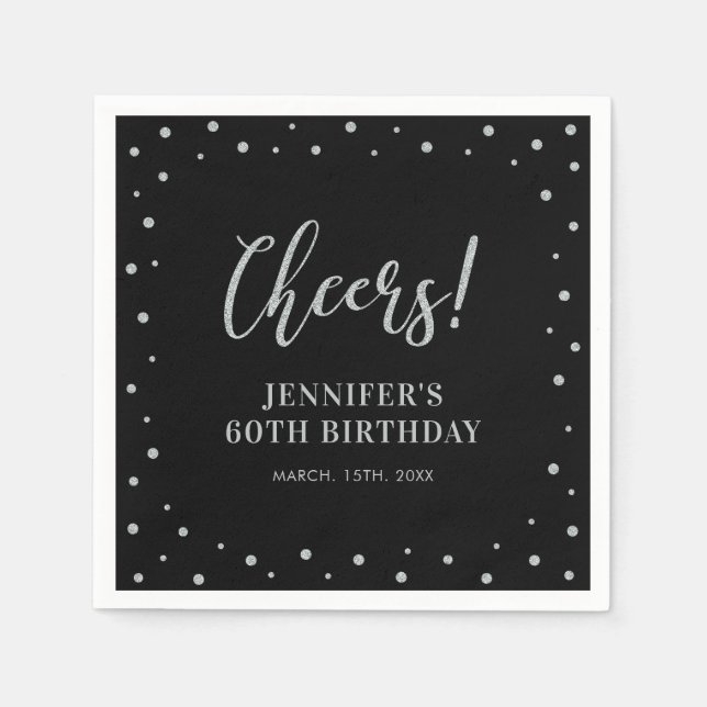 Black & Silver | Confetti Adult Birthday Party Napkin (Front)
