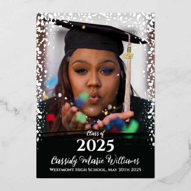 Black Silver Confetti Foil Graduation Announcement (Front)