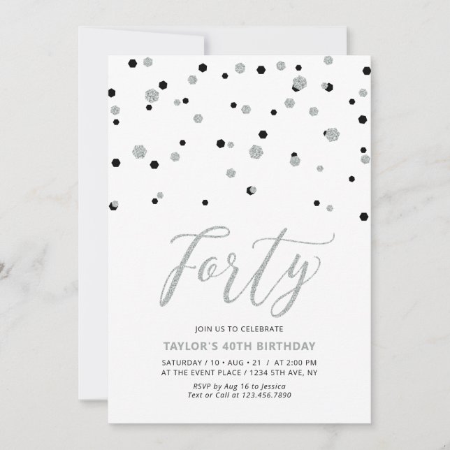 Black & Silver Confetti Forty 40th Birthday Party Invitation (Front)