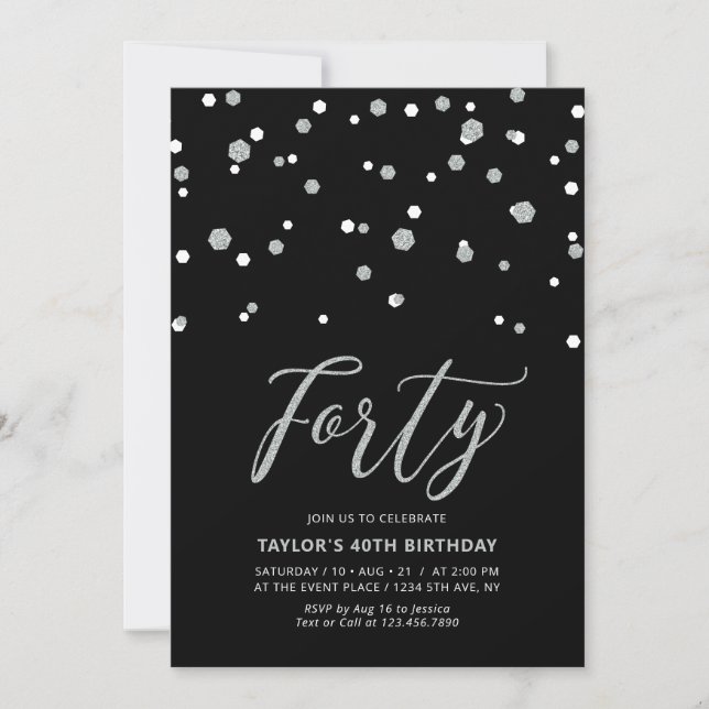 Black & Silver Confetti Forty 40th Birthday Party  Invitation (Front)