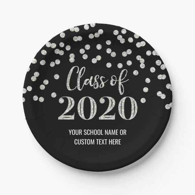 Black Silver Confetti Graduation 2020 Paper Plate (Front)
