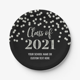Black Silver Confetti Graduation 2021 Paper Plate