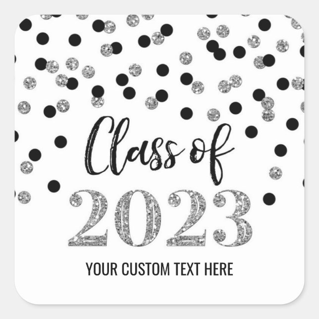 Black Silver Confetti Graduation 2023 Square Sticker (Front)