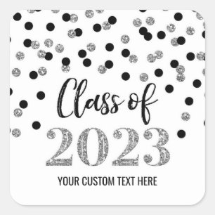 Black Silver Confetti Graduation 2023 Square Sticker