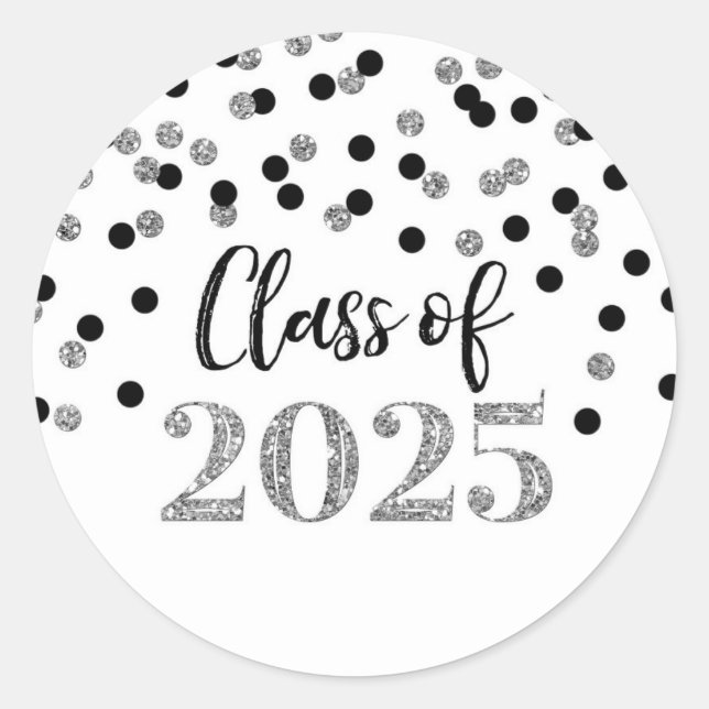 Black Silver Confetti Graduation 2025 Classic Round Sticker (Front)