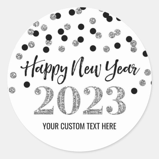 Black Silver Confetti Happy New Year 2023 Classic Round Sticker (Front)