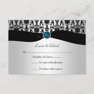Black Silver Damask Blue Topaz Jewel RSVP Invitati Card