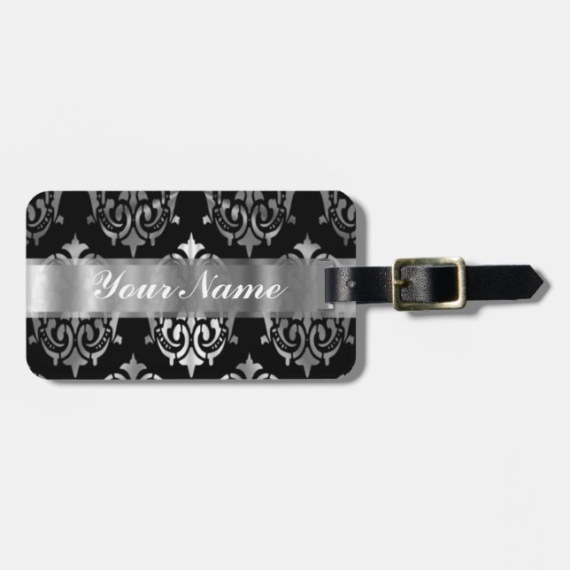 Black & silver damask luggage tag (Front Horizontal)