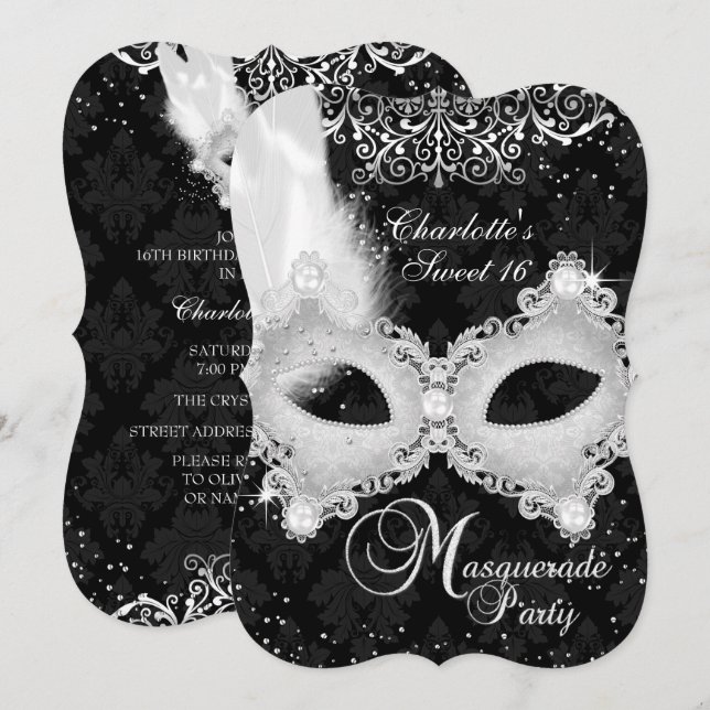 Black Silver Damask Mask Masquerade Sweet 16 Invitation (Front/Back)