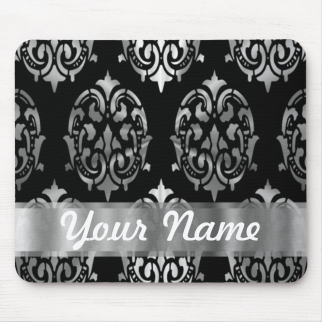 Black & silver damask mouse mat (Front)