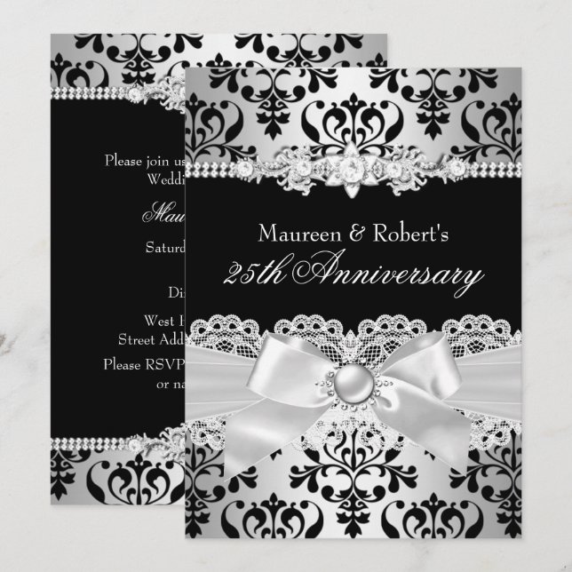 Black Silver Damask Pearl Bow 25th Anniversary Invitation (Front/Back)