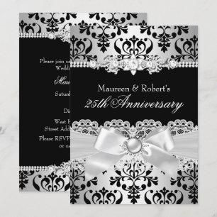 Black Silver Damask Pearl Bow 25th Anniversary Invitation